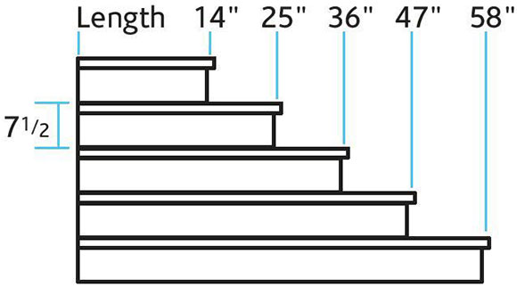 Dimensional drawing of straight pre-cast concrete tacking steps.