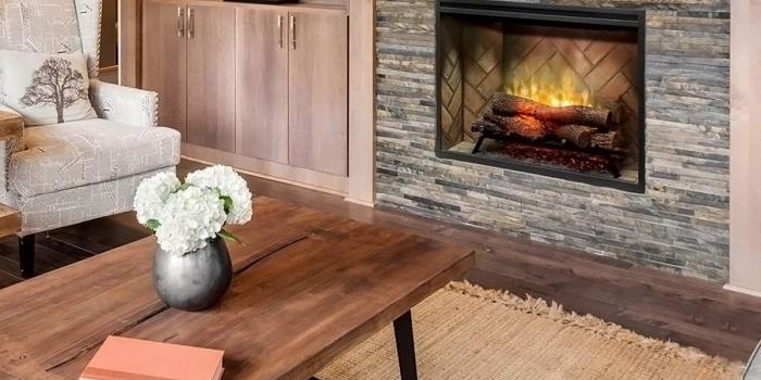 Dimplex Revillusion traditional electric fireplace with herringbone.