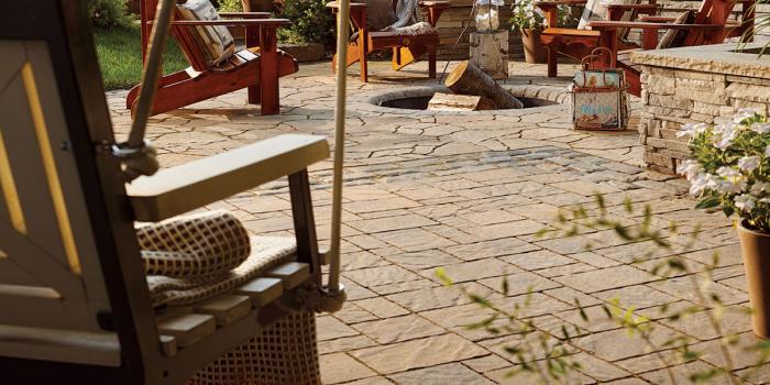 Permacon's Melville slabs in scandina grey  Backyard patio designs,  Backyard patio, Patio